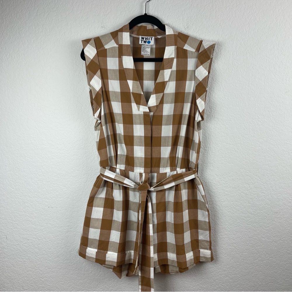 Anthropologie Tan and White Gingham Belted Romper - Picture 8 of 13